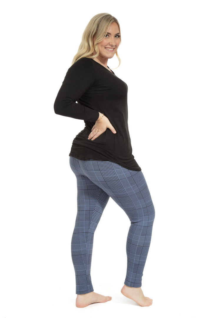 Blue Plaid Houndstooth - Cozy Lined Leggings