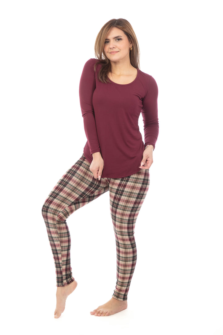 Burgundy Plaid - Cozy Lined Leggings