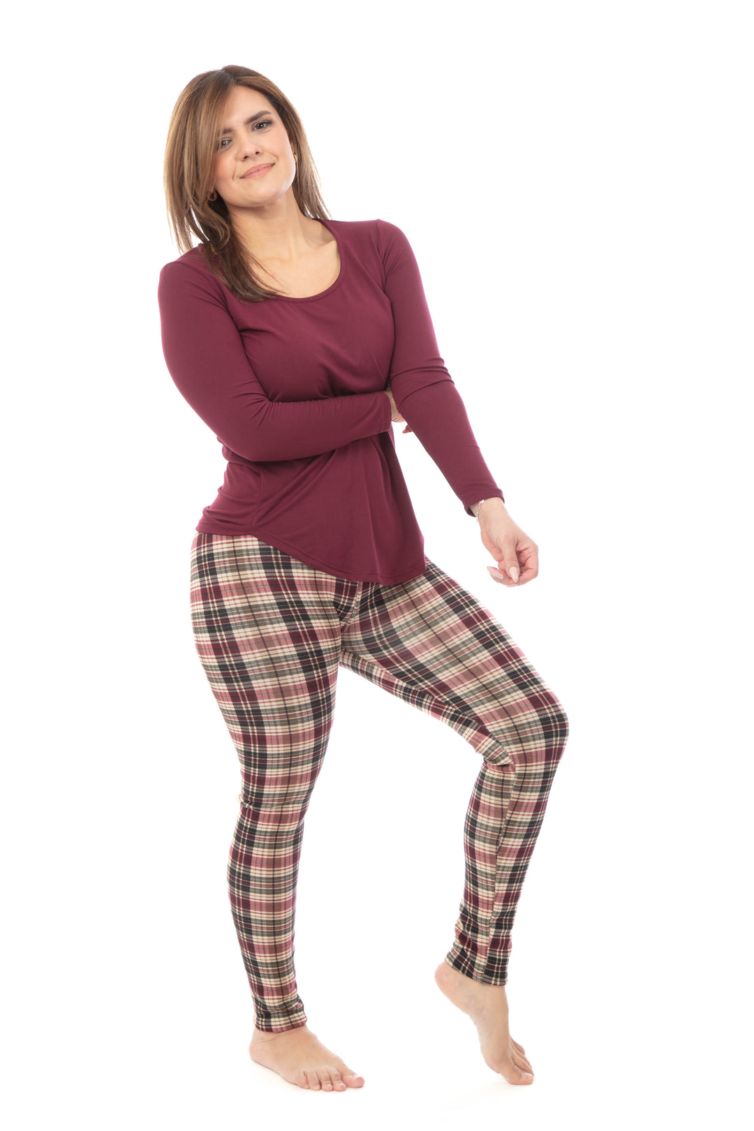 Burgundy Plaid - Cozy Lined Leggings